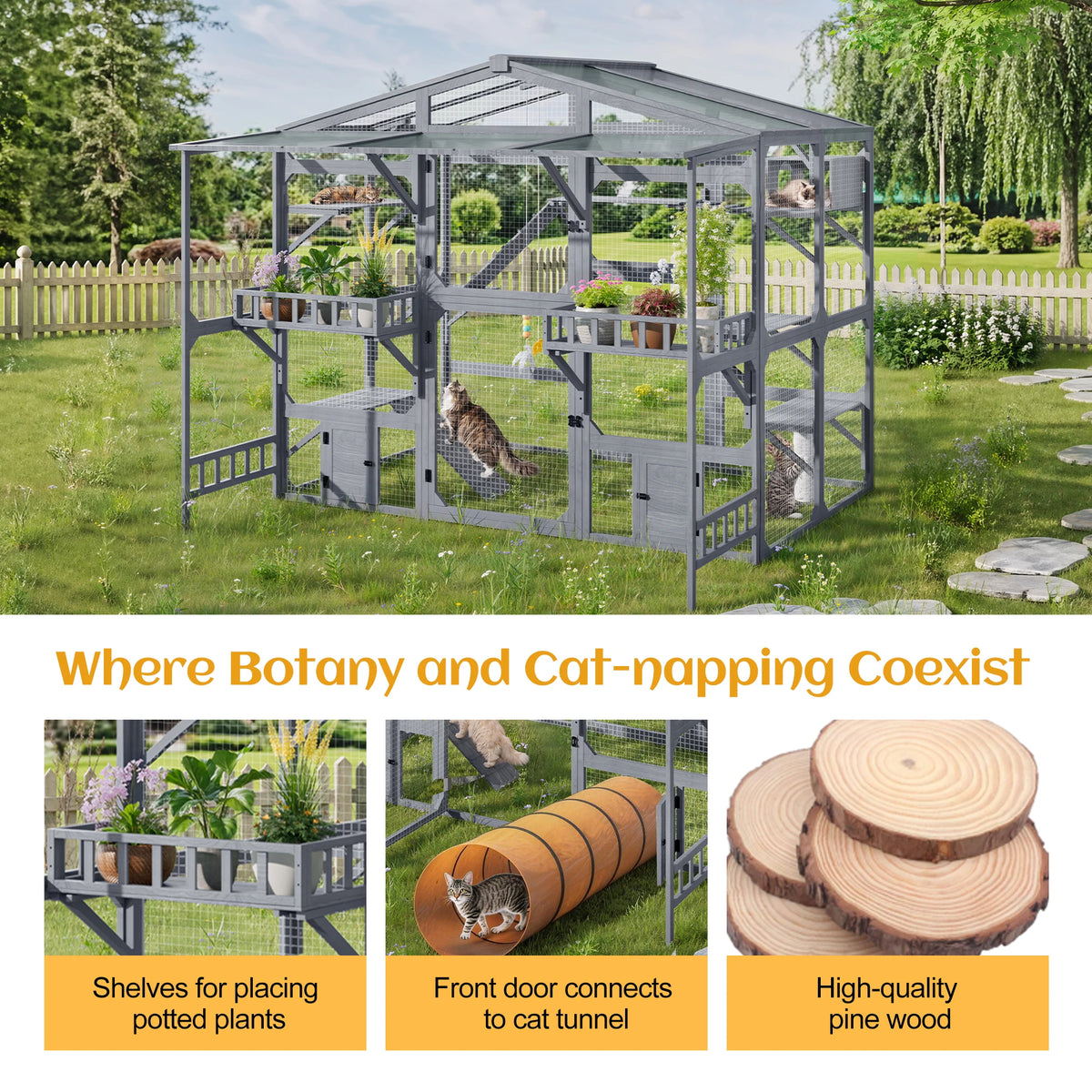 Extra Large Outdoor Cat Enclosure Wooden Catio with 6 Platforms & Suspension Bridge, Multi-Cat Playhouse for 6-10 Cats with Storage Shelves