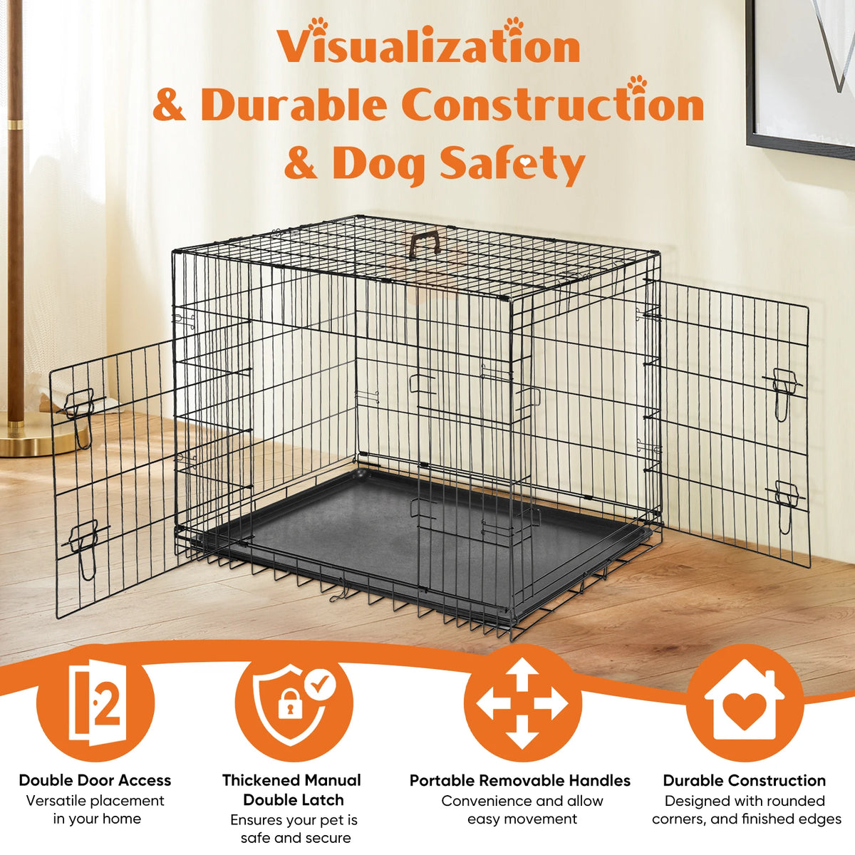 JHK Folding Double Door Dog Cage With Leak Proof Pan