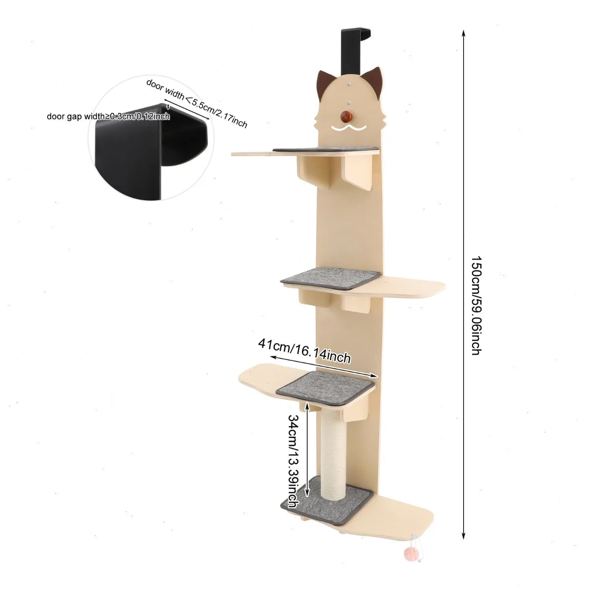 Door Hanging Cat Tree With Teaser Ball And Scratch Post