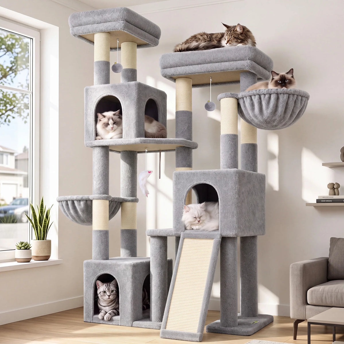 Globlazer 65 Inch Cat Scratcher Tree for Medium Large Cats Multi Level Cat Houses Condos with 3 Condos Cat Climbing Tower with 8 Sisal Posts 2 Hammocks Perches for 2-3 Cats
