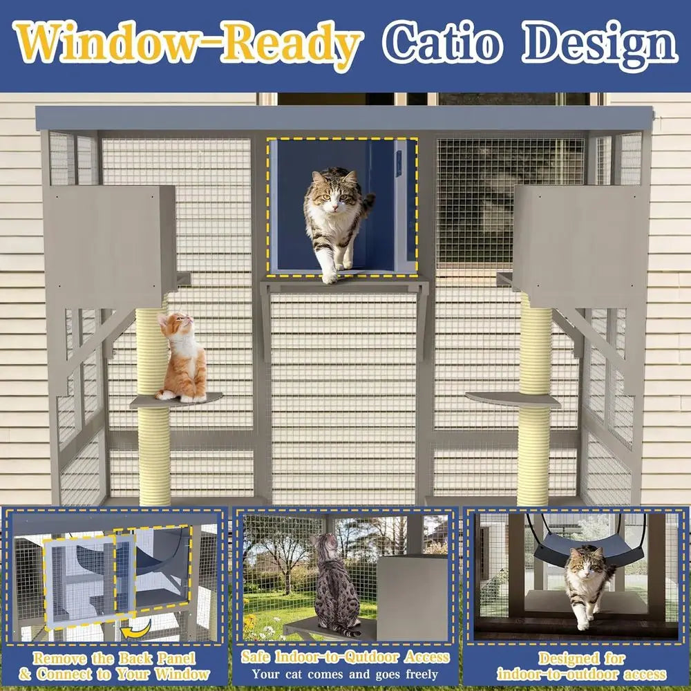 Catio Outdoor Cat Enclosure or Multiple Cats, Walk-in Cat House, Window Contion, 7 Platorms, 2 Rooms, 2 Scratch Posts, Hammock,