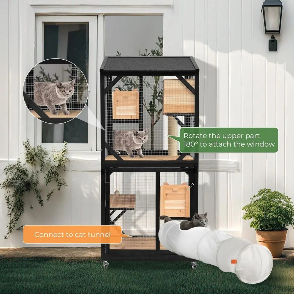 Cat Catio 4 Tiers, 70.9" Outdoor Cat Enclosure with Removable Platorms, Window Acc, Weatherproo Asphalt Roo, Indoor Catio with W