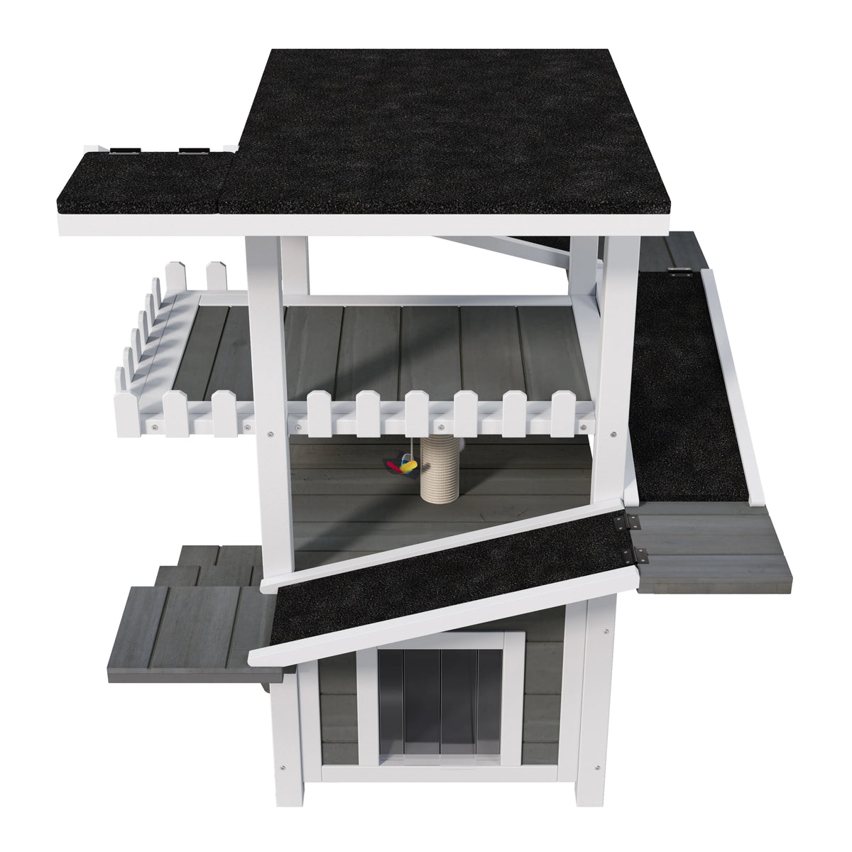 4 Tier Outdoor Cat House, Weatherproof Cat Tree Tower with Waterproof Roof, Feral Cat Shelter Outside Enclosure, Multi Level Cat Condo with Ramps, for Small Animals