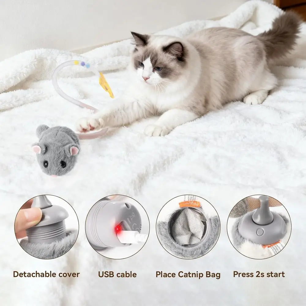 Interactive Mini Mouse Cat Toy 360° Rolling & Spin with Mesh Plastic Tail or Indoor Cats Smart Motion Sensor, Realistic Squeak
