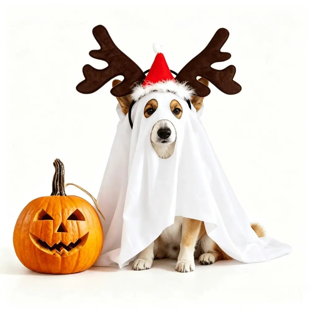 Halloween Ghost-Themed Pet Cape With Reindeer Antlers Headband Costume Set For Medium And Large Dogs Cosplay