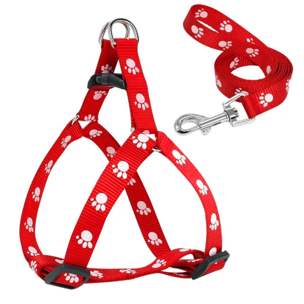 Nylon Paw Print Dog Harness And Leash Set Adjustable