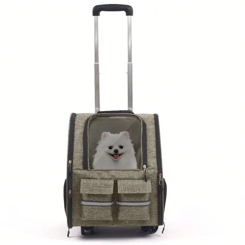 2-In-1 Trolley Pet Cat Bag | Cat Carrier With Wheels, Airline Approved Pet Carrier With Telescopic Handle, Polyester Rolling Dog Cat Carrier With Zipper Closure, Detachable Soft-Sided Travel Carrier With Shoulder Strap And Sa