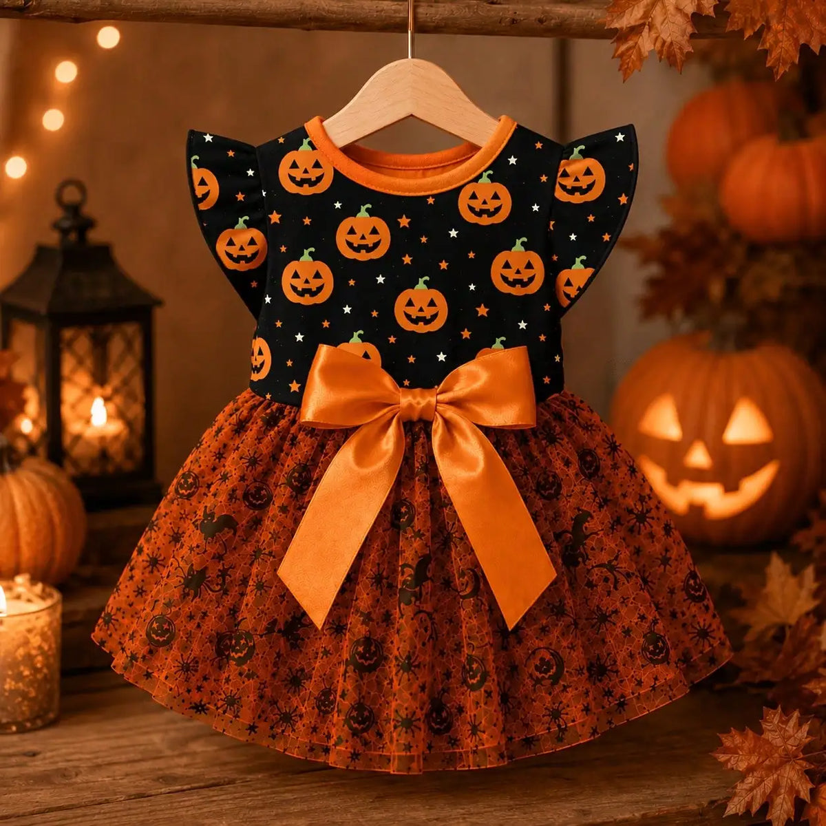 Halloween Pumpkin Print Dog Dress With Bow - Comfortable And Breathable Everyday Wear Pet Apparel For All Seasons