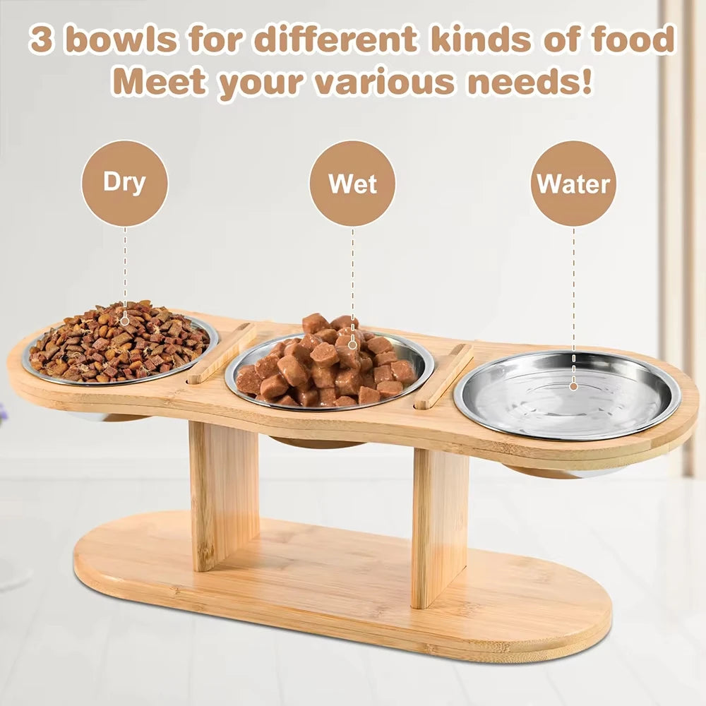 Raised Cat Feeder With Three Stainless Bowls And Tilted Stand