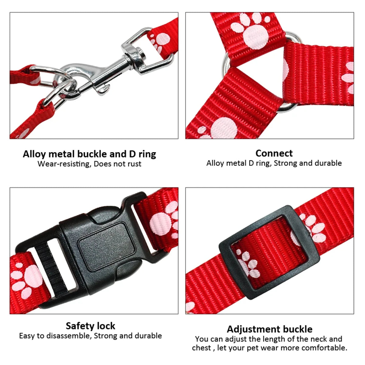 Nylon Paw Print Dog Harness And Leash Set Adjustable