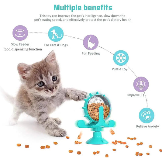Interactive Cat Treats Dispenser Toy for Indoor Cats, 360° Rotating Windmill Suction Cup Toys for Small Pet, Puzzle Slow Feeder