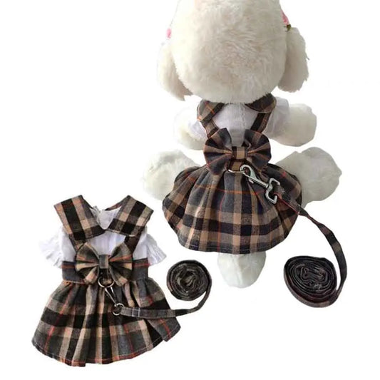 Cute Plaid Pet Dress With Bowknot And Adjustable Leash