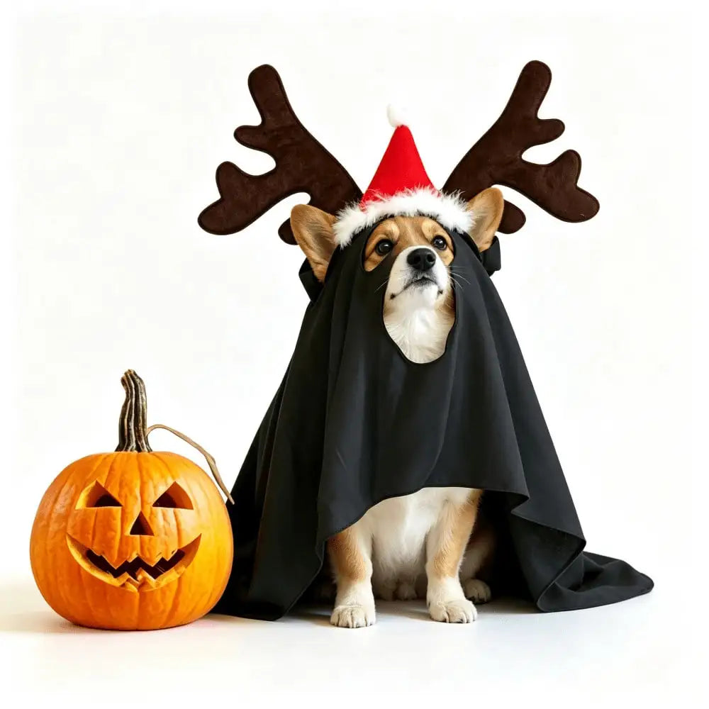 Halloween Ghost-Themed Pet Cape With Reindeer Antlers Headband Costume Set For Medium And Large Dogs Cosplay