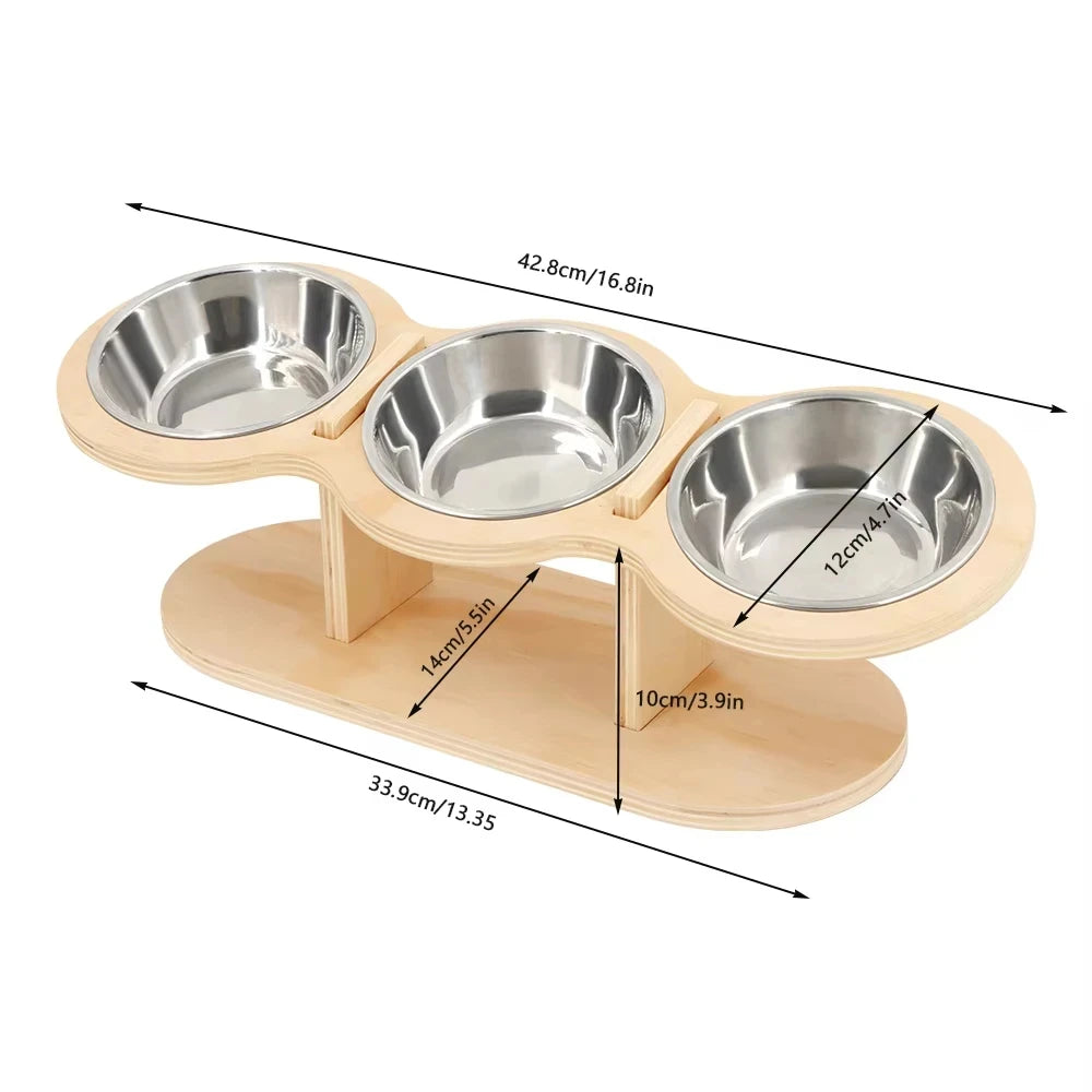 Raised Cat Feeder With Three Stainless Bowls And Tilted Stand