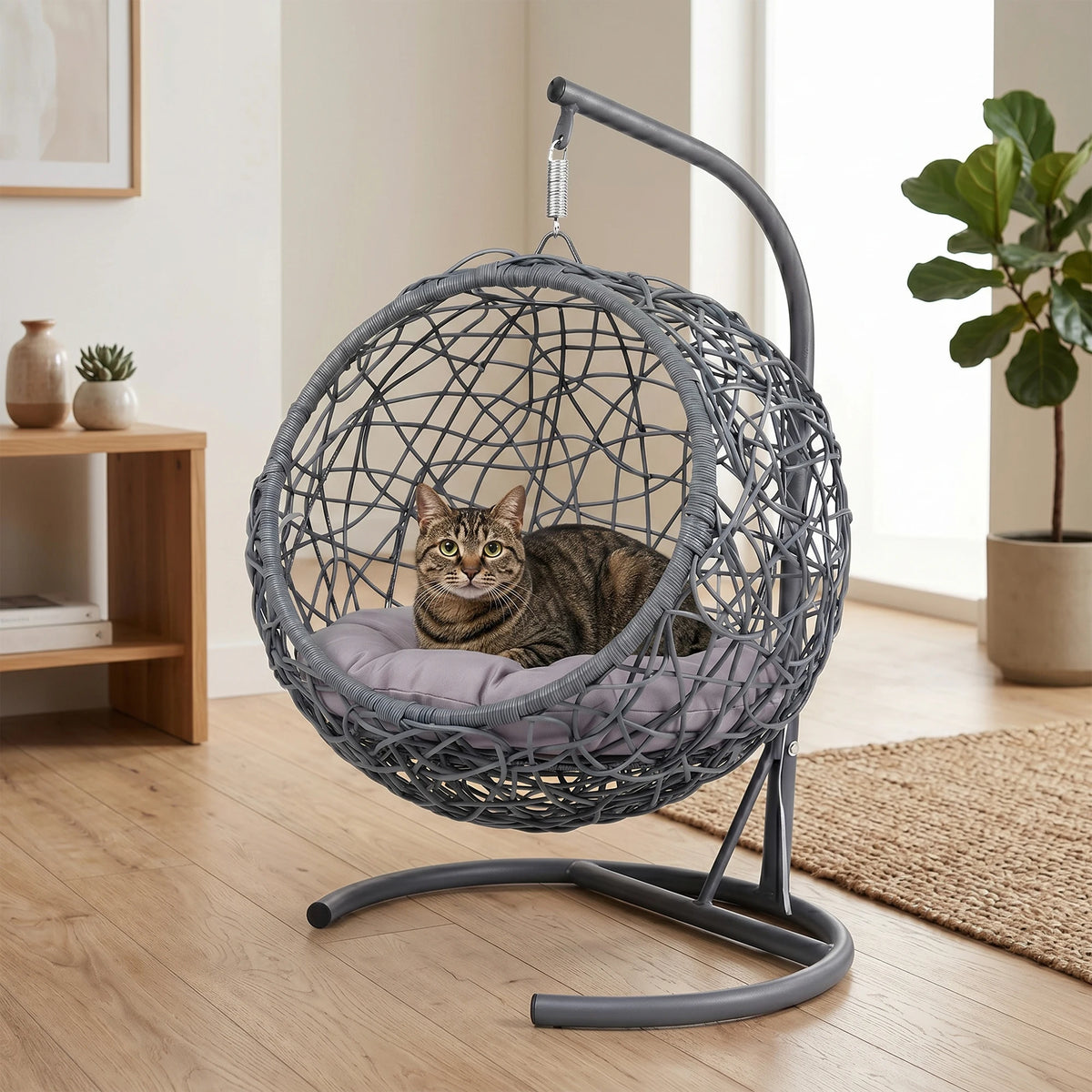 Rattan Cat Swing Bed With Hammock Stand And Cushion