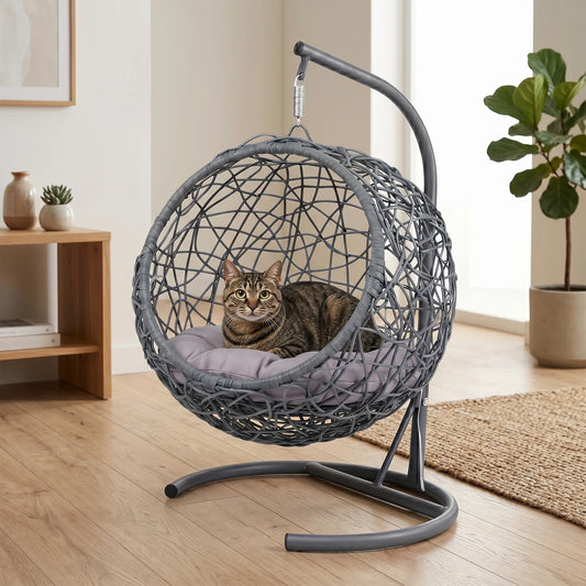 Rattan Cat Swing Bed With Hammock Stand And Cushion