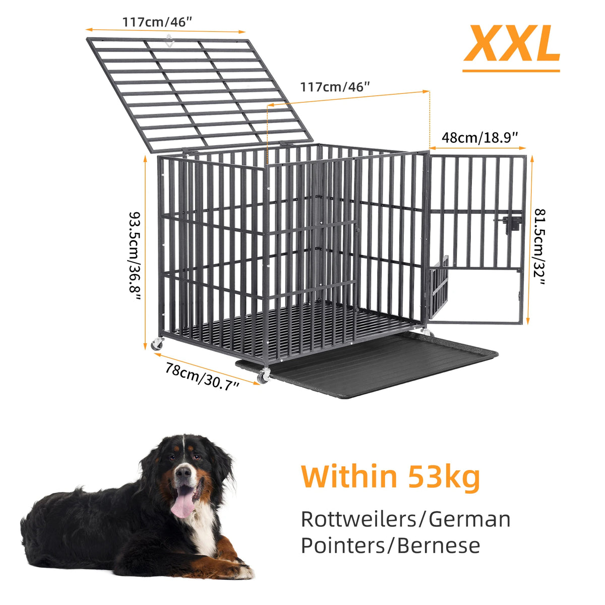 BORWART Heavy Duty Metal Dog Crate With Tray And Wheels
