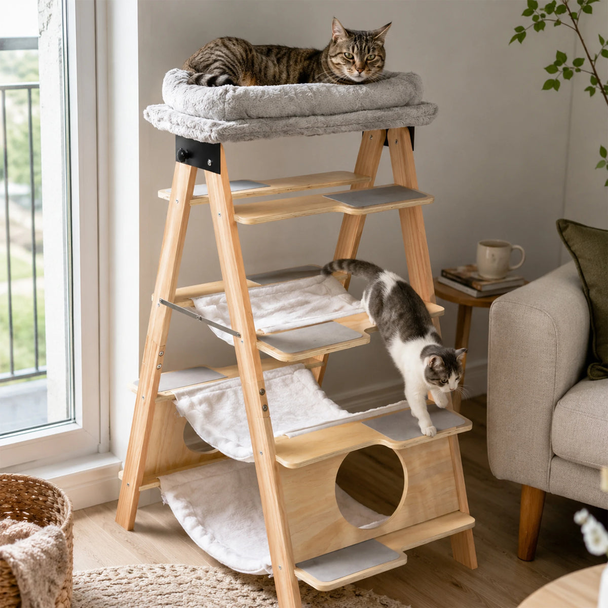 5-Tier A-Frame Wooden Cat Tree Tower with Washable Cushions and Foldable Frame, Multi-Level Cat Condo with Hammock for Large Cats Home Living Room