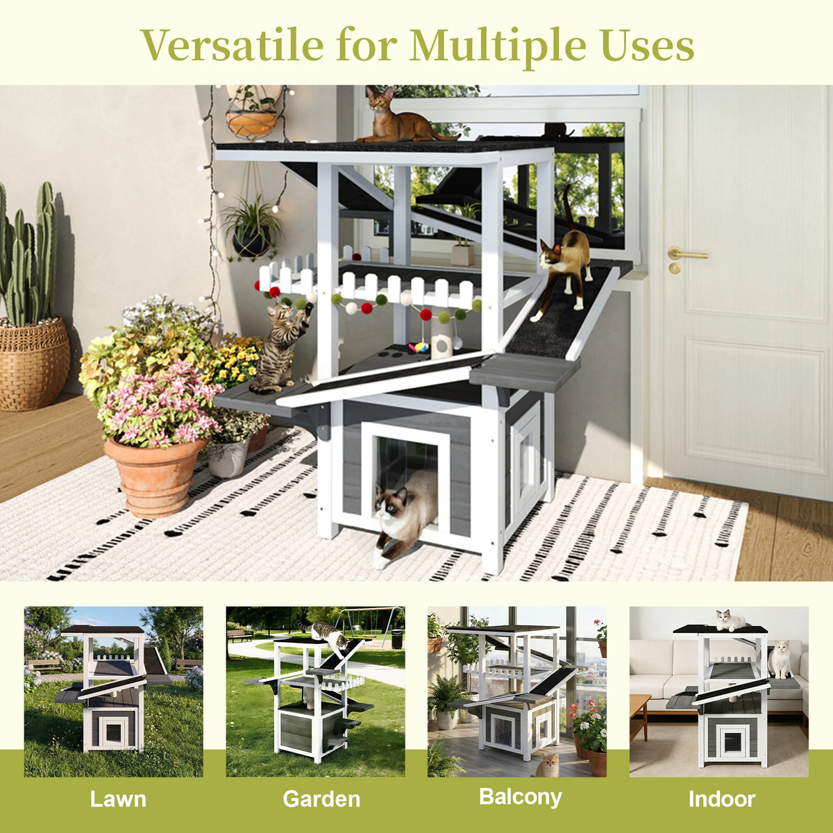 4 Tier Outdoor Cat House, Weatherproof Cat Tree Tower with Waterproof Roof, Feral Cat Shelter Outside Enclosure, Multi Level Cat Condo with Ramps, for Small Animals