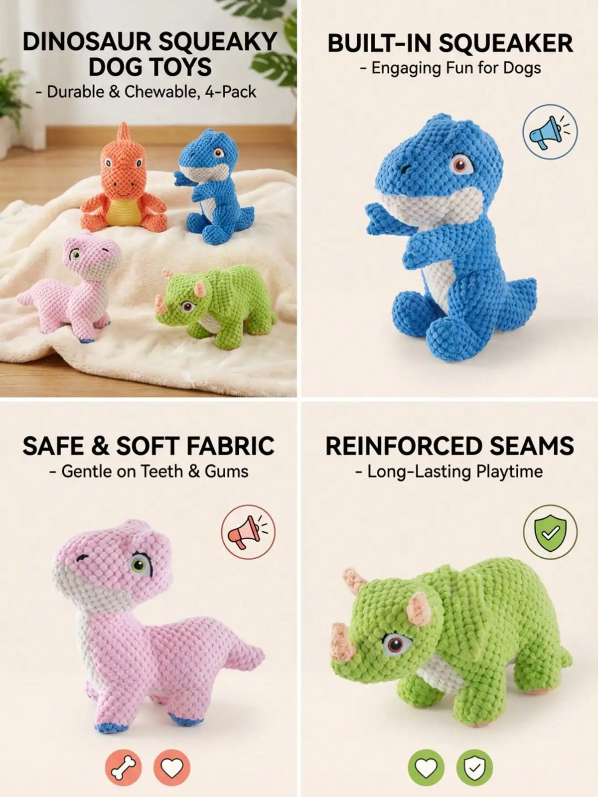 Interactive Dinosaur Squeaky Dog Toy With Bb Sound