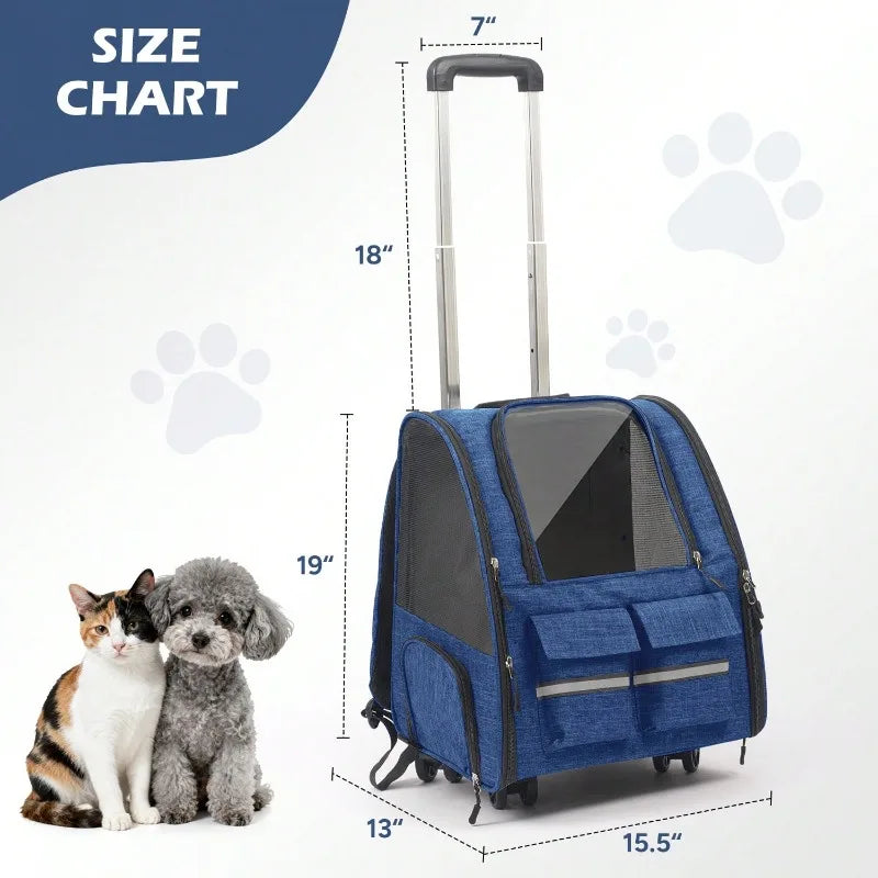 2-In-1 Trolley Pet Cat Bag | Cat Carrier With Wheels, Airline Approved Pet Carrier With Telescopic Handle, Polyester Rolling Dog Cat Carrier With Zipper Closure, Detachable Soft-Sided Travel Carrier With Shoulder Strap And Sa