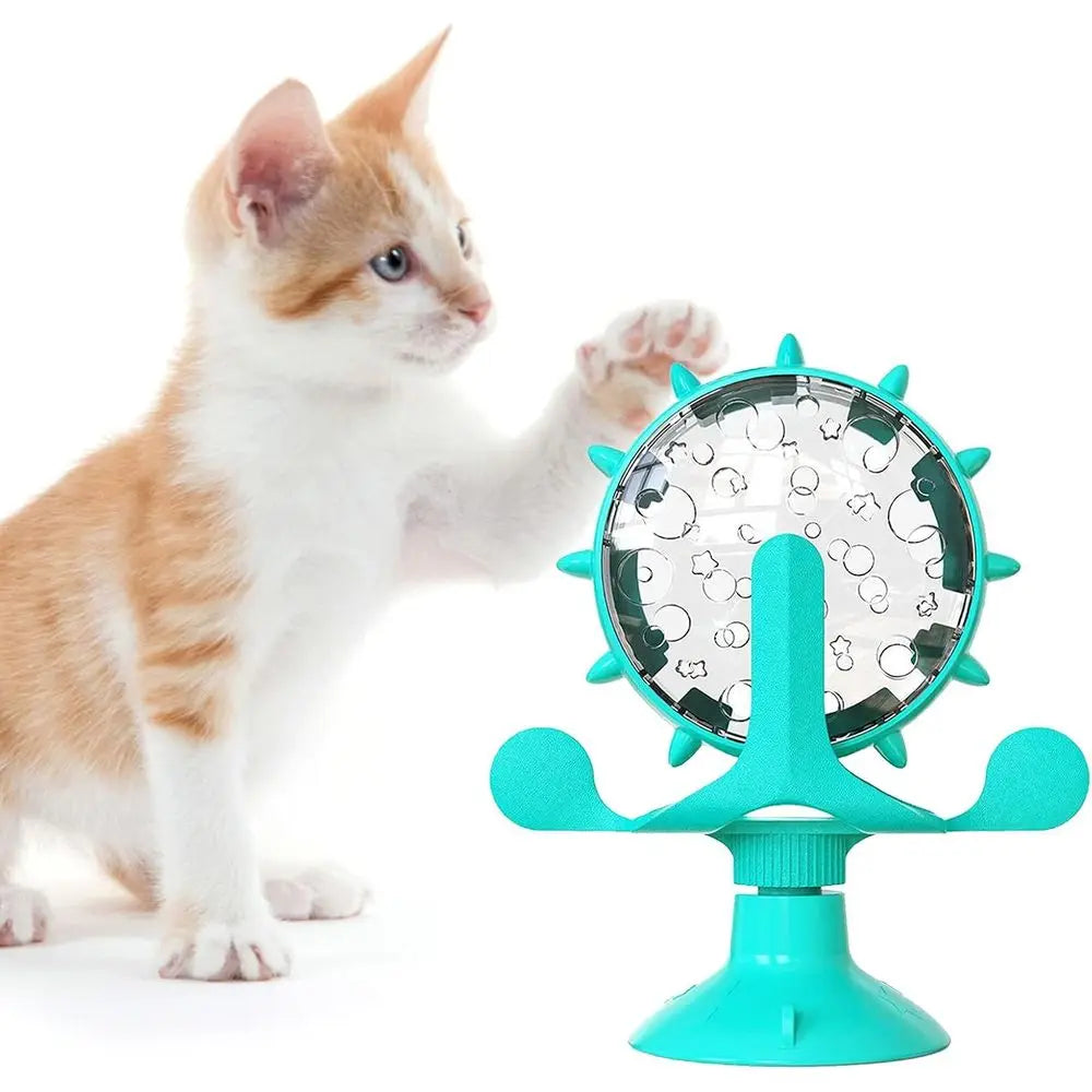 Interactive Cat Treats Dispenser Toy for Indoor Cats, 360° Rotating Windmill Suction Cup Toys for Small Pet, Puzzle Slow Feeder