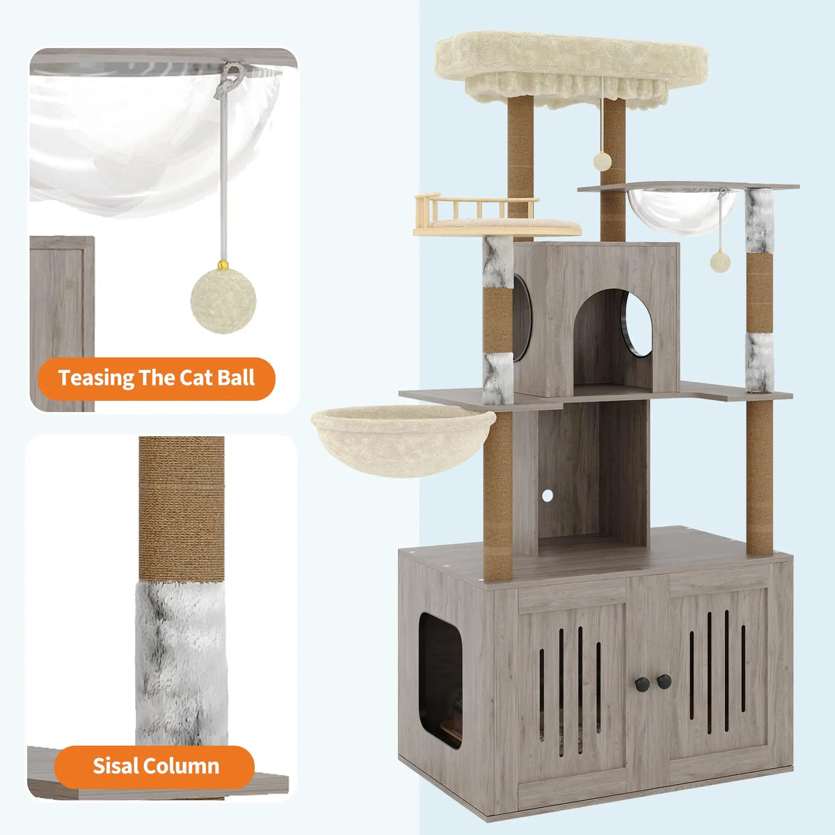 Multi-Level Cat Tree with Hidden Litter Box Enclosure Sisal Scratching Posts Condo & Hammock for Large Indoor Cats Modern Litter Box Furniture
