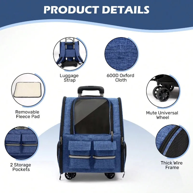 2-In-1 Trolley Pet Cat Bag | Cat Carrier With Wheels, Airline Approved Pet Carrier With Telescopic Handle, Polyester Rolling Dog Cat Carrier With Zipper Closure, Detachable Soft-Sided Travel Carrier With Shoulder Strap And Sa