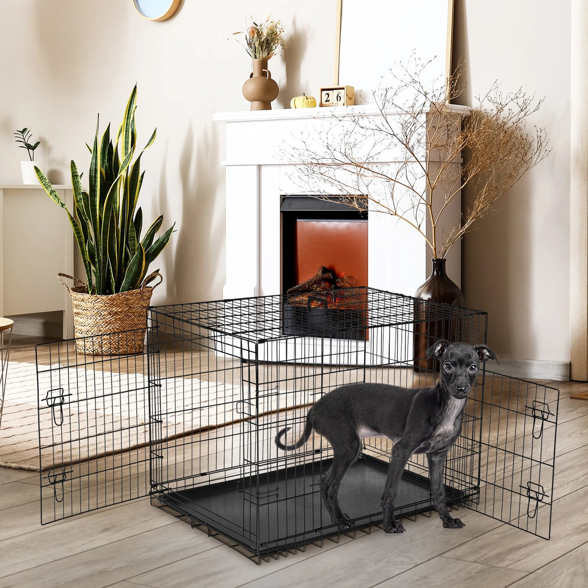 JHK Folding Double Door Dog Cage With Leak Proof Pan