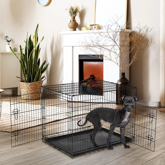 JHK Folding Double Door Dog Cage With Leak Proof Pan