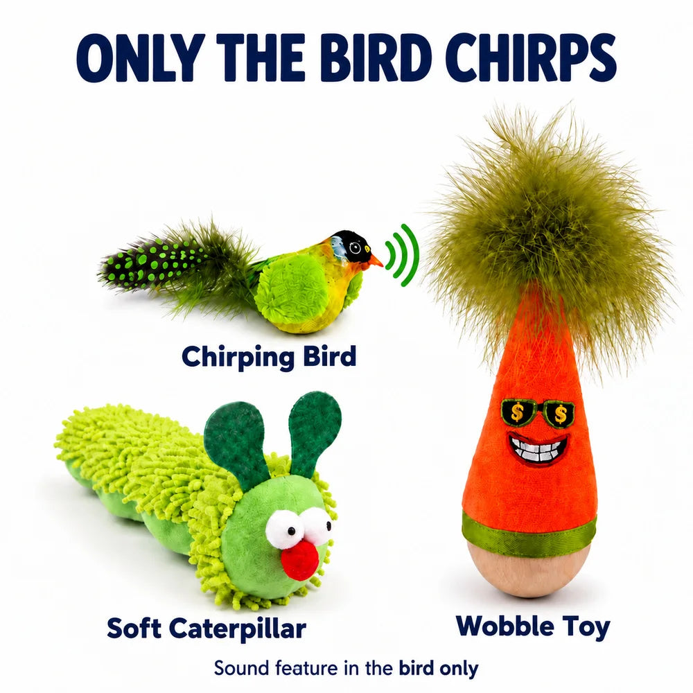 Zoe Interactive Cat Toys For Indoor Cats With Wobble Toy Soft Caterpillar And Chirping Bird For Batting Pouncing Kicking And Daily Play