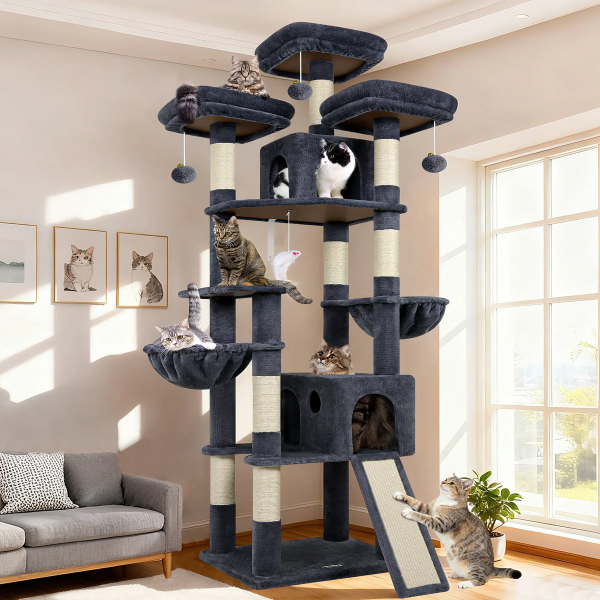 Globlazer 83" Big Cat Tree Tower for 4+ Multiple Large Cats Multi-Level Cat Climbing Activity Center with Sisal Scratching Posts 2 Condos 2 Hammocks 3 Perches Hanging Toys