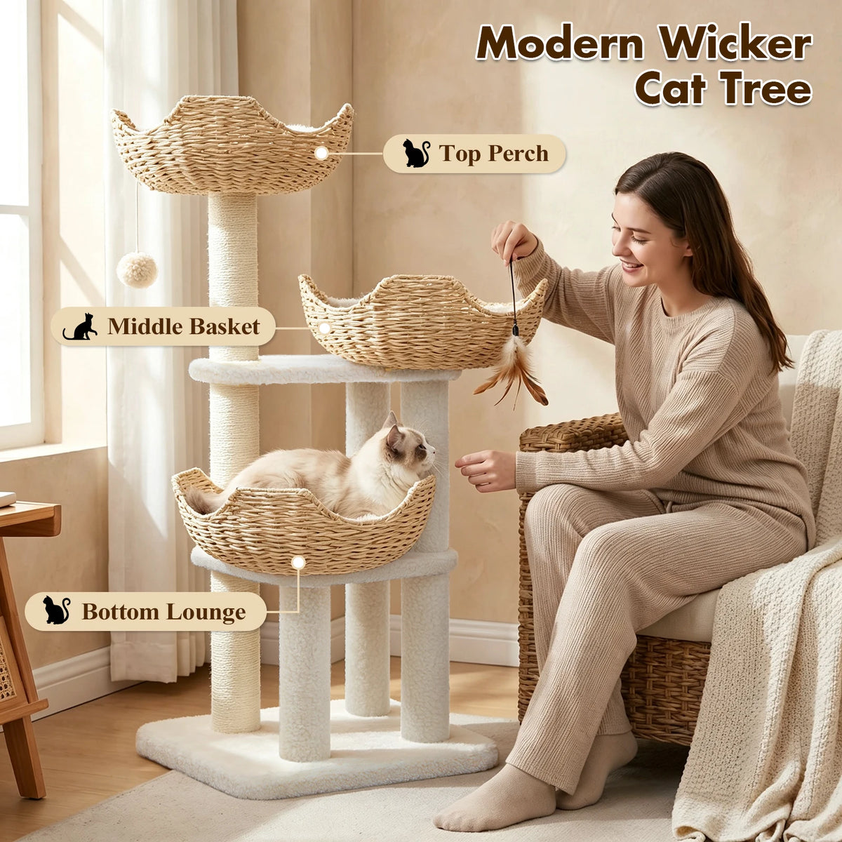 Modern Cat Tree with 3 Rattan Baskets Thick Cushions Sisal Scratching Posts Multi‑Level Cat Tower for Indoor Cats Large Cat Condo Pet Furniture Bed Cat Toys