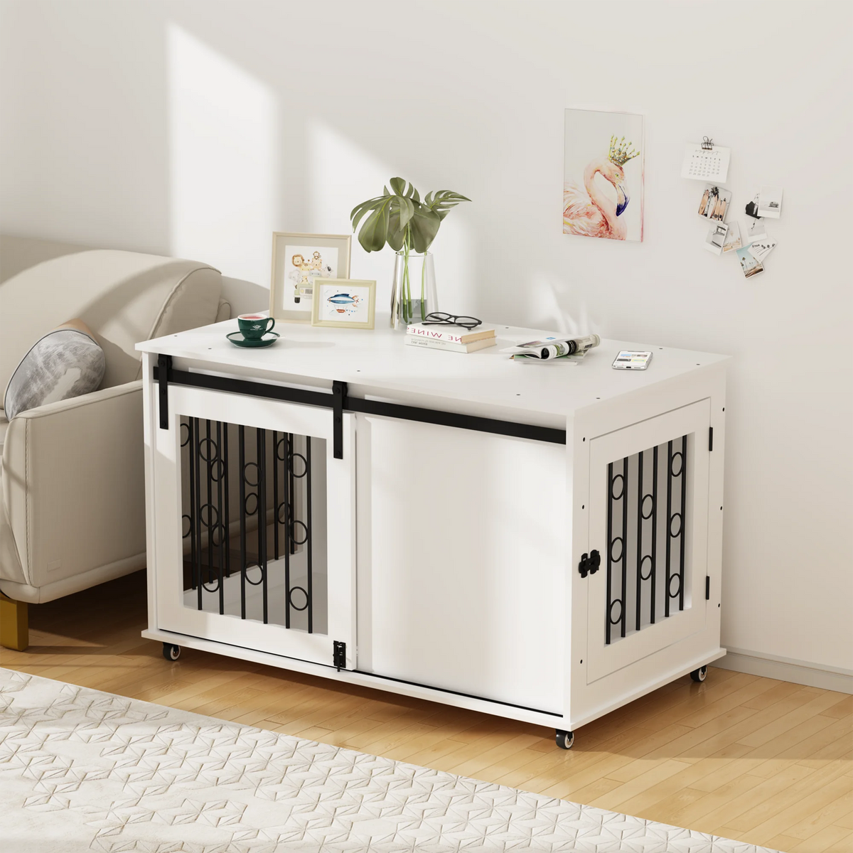 Modern Wooden Dog Crate Furniture End Table With Sliding Door