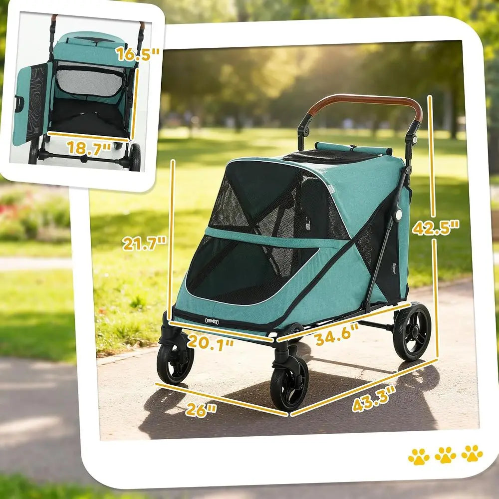 Dog Stroller or Large Dogs, One-k olding 4 Wheel Large Pet Stroller Wagon or Multiple Pets, All Terrain Spring Suspension w/ 8-P
