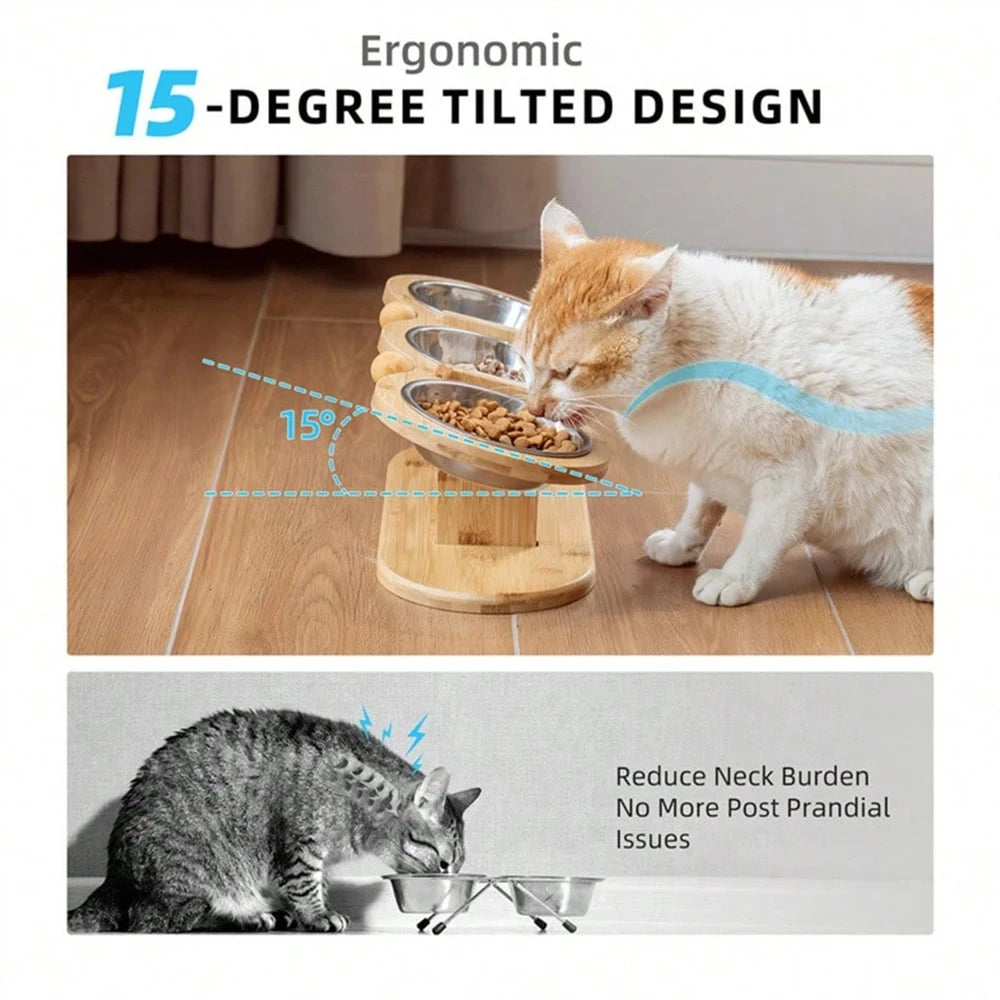 Raised Cat Feeder With Three Stainless Bowls And Tilted Stand