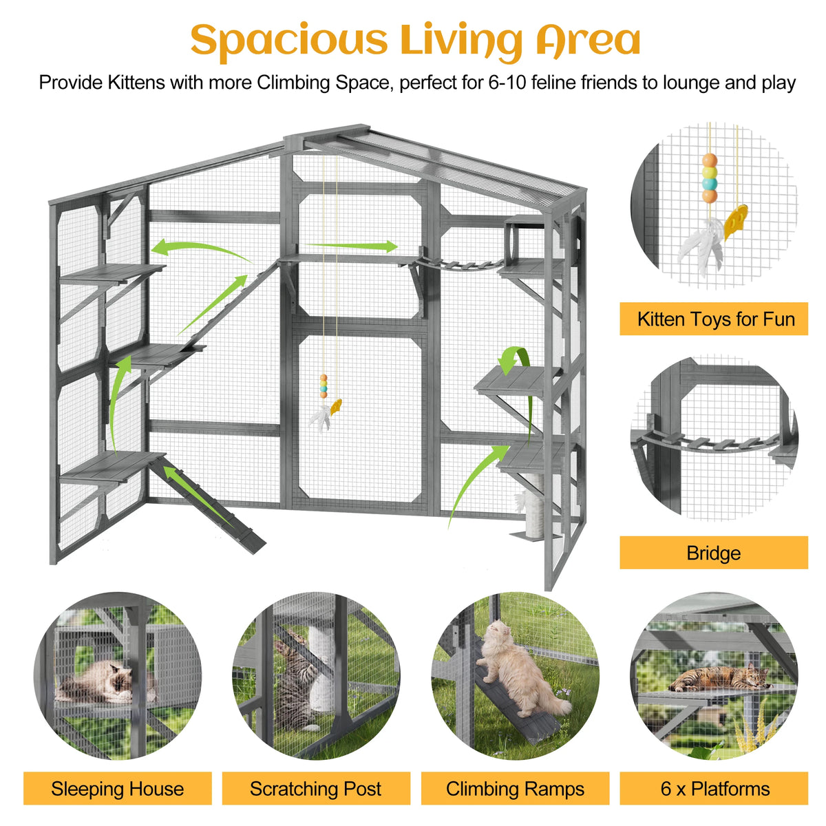 Extra Large Outdoor Cat Enclosure Wooden Catio with 6 Platforms & Suspension Bridge, Multi-Cat Playhouse for 6-10 Cats with Storage Shelves