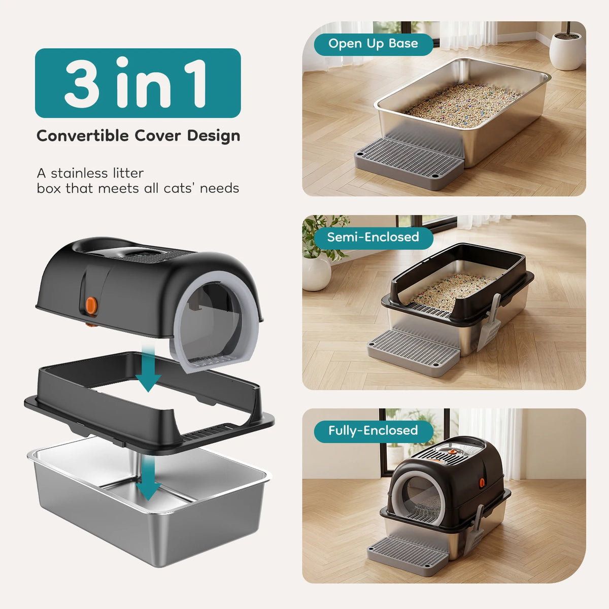 Stainless Steel Cat Litter Box Fully Enclosed With Mat