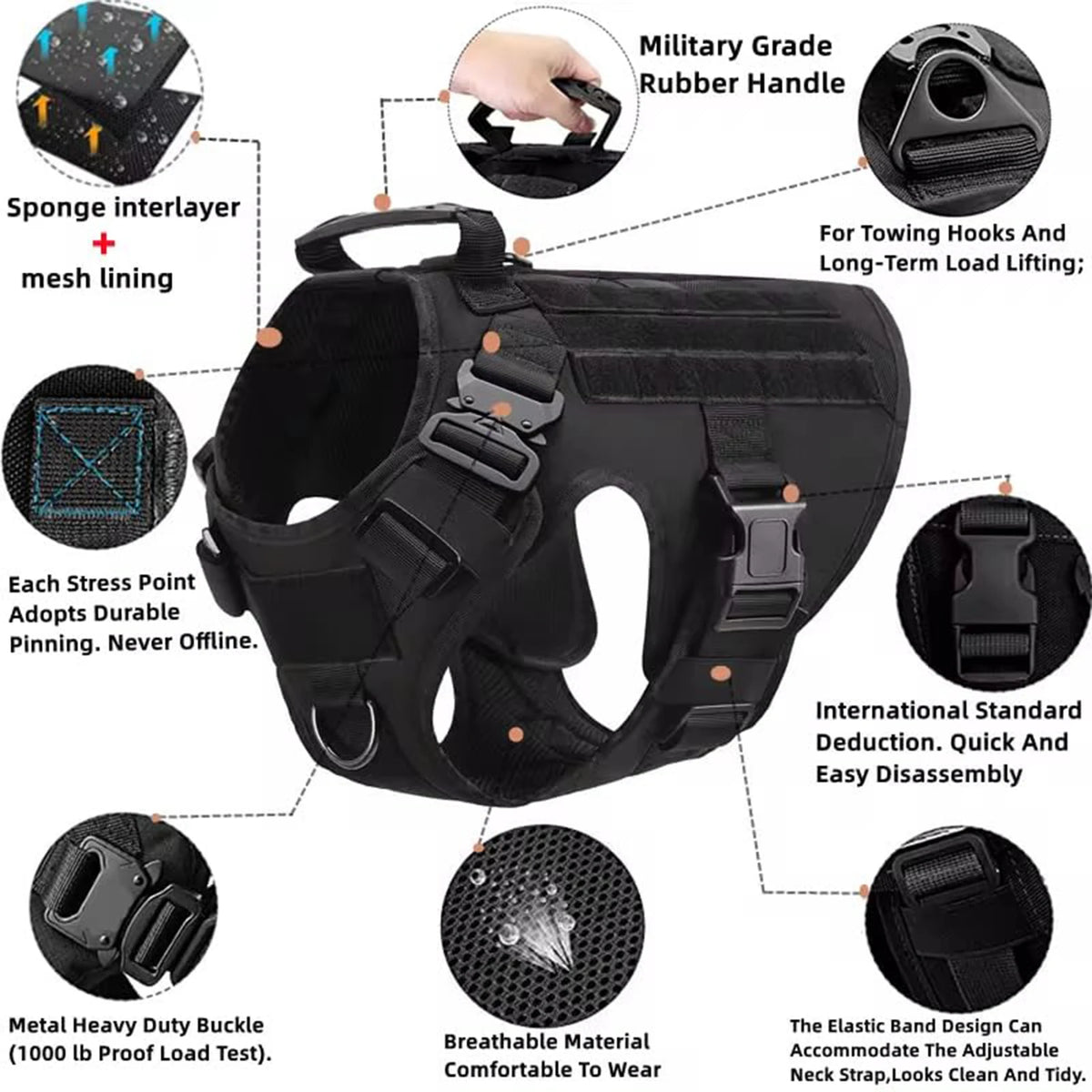 Tactical Nylon Dog Harness With Molle Pouches And Quick Release