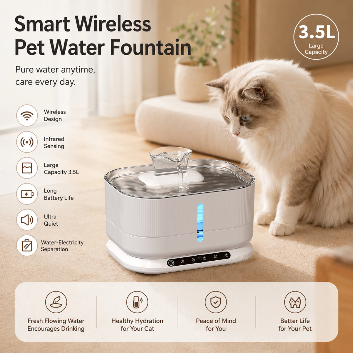 Cordless Rechargeable Automatic Cat Water Fountain For Pets