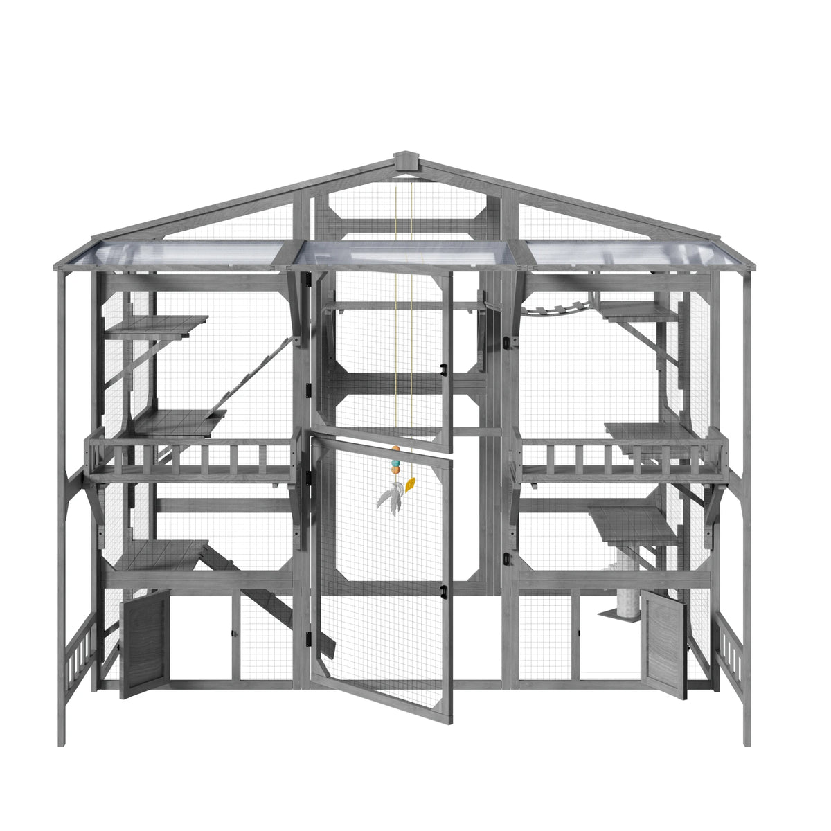 Extra Large Outdoor Cat Enclosure Wooden Catio with 6 Platforms & Suspension Bridge, Multi-Cat Playhouse for 6-10 Cats with Storage Shelves