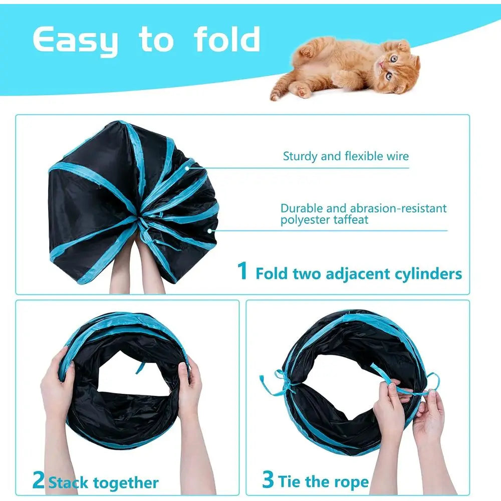 Collapsible Cat Play Tunnel, Interactive Toy Maze Cat House with 1 Play Ball for Cats, Puppies, Kittens, Rabbits (Blue & Black)