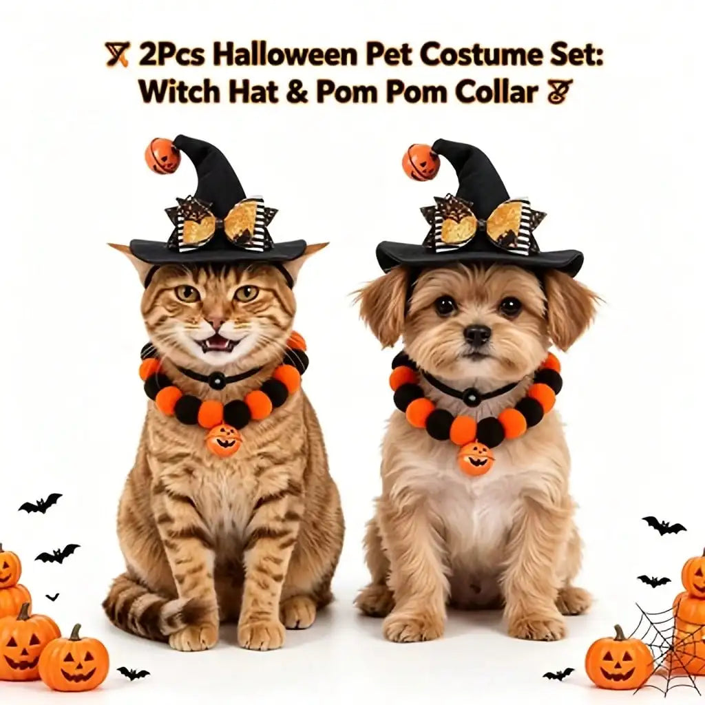 Halloween Pet Costume Set, 1 Pumpkin Witch Hat + 1 Bat Bowknot Pom-Pom Pumpkin Collar, Halloween Role-Playing Pet Costume