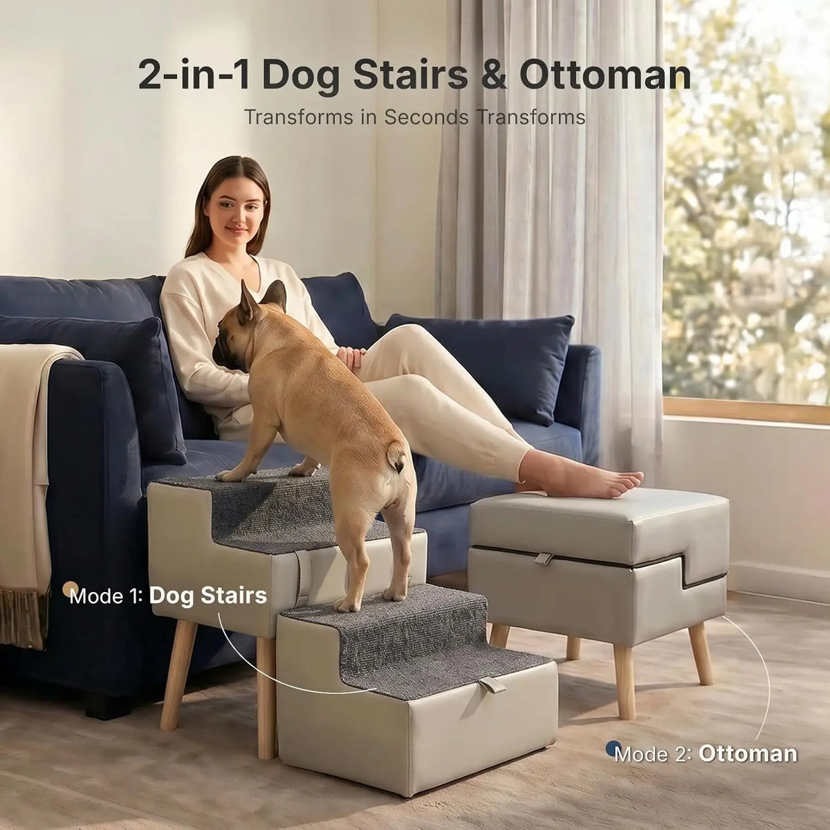 2-in-1 Foldable Dog Stairs & Ottoman, 15.7" H Dog Stairs for Small Dogs