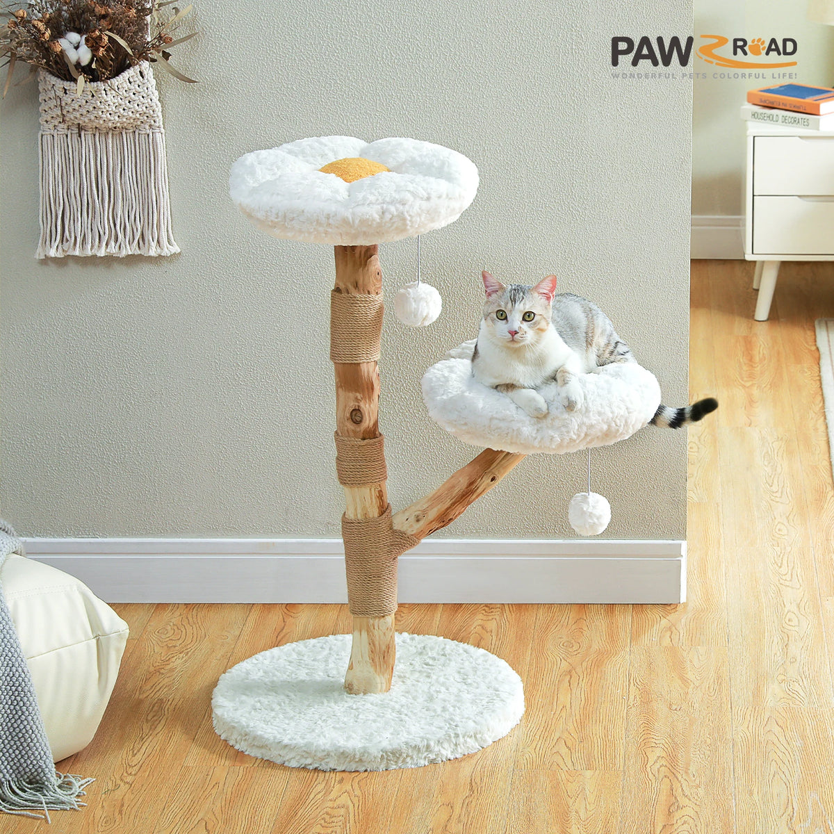 PAWZ Road Modern Cat Tree With Natural Solid Wood Scratching Posts