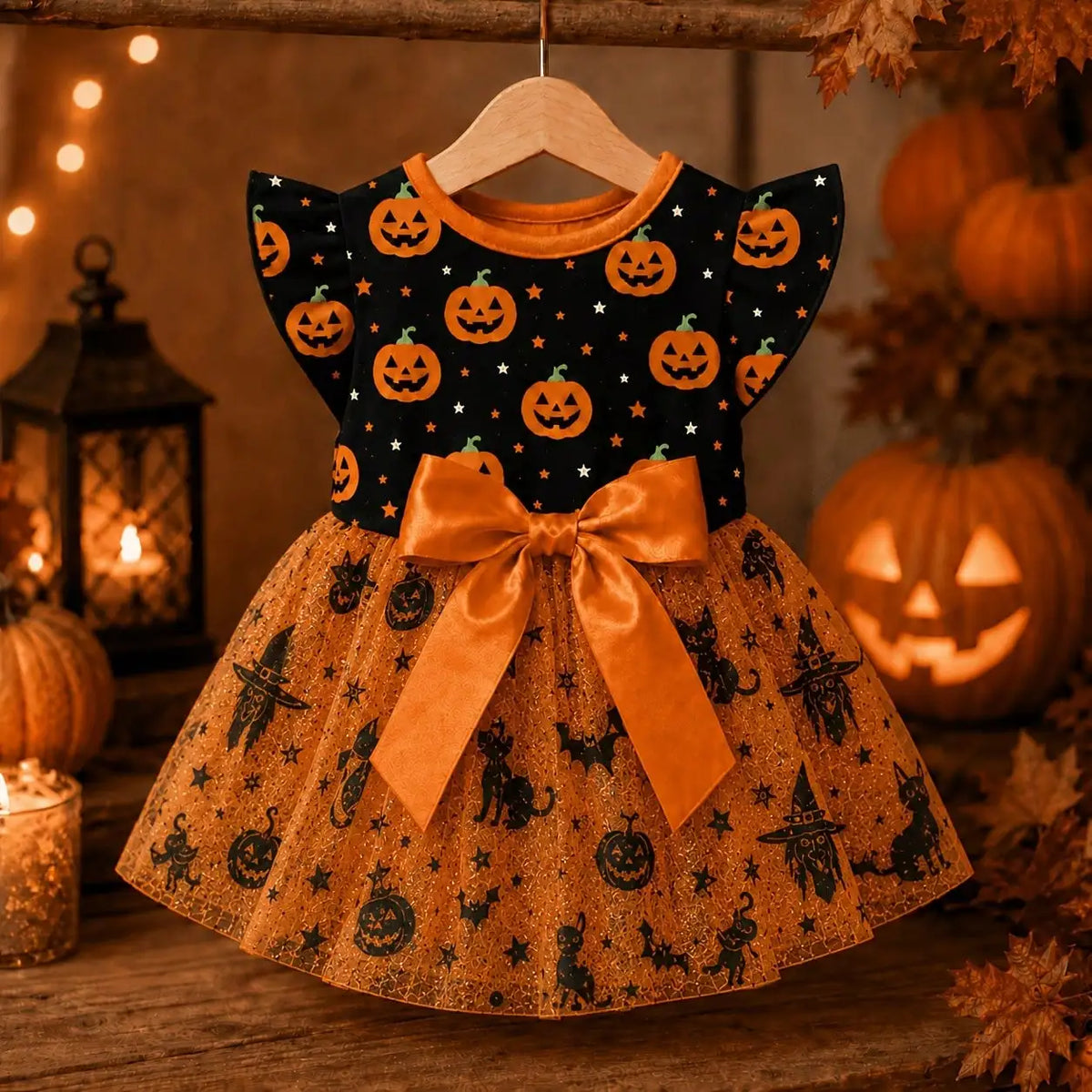 Halloween Pumpkin Print Dog Dress With Bow - Comfortable And Breathable Everyday Wear Pet Apparel For All Seasons