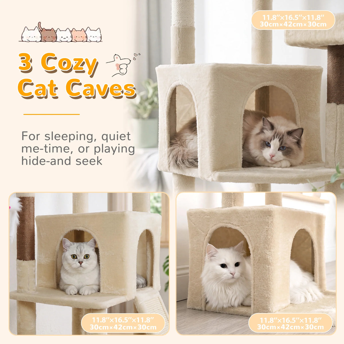 Globlazer 65 Inch Cat Scratcher Tree for Medium Large Cats Multi Level Cat Houses Condos with 3 Condos Cat Climbing Tower with 8 Sisal Posts 2 Hammocks Perches for 2-3 Cats