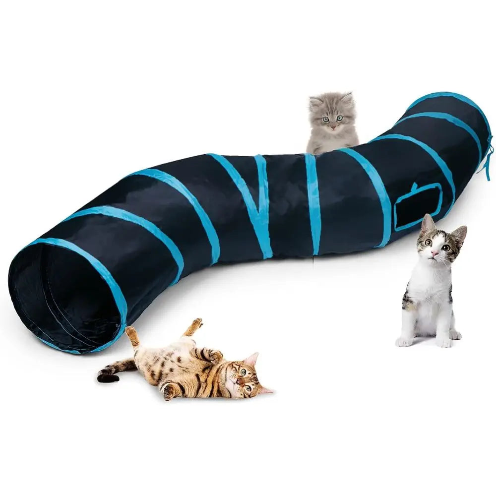 Collapsible Cat Play Tunnel, Interactive Toy Maze Cat House with 1 Play Ball for Cats, Puppies, Kittens, Rabbits (Blue & Black)