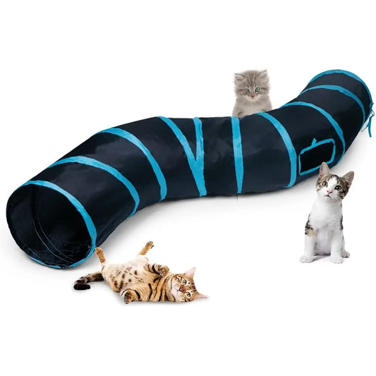 Collapsible Cat Play Tunnel, Interactive Toy Maze Cat House with 1 Play Ball for Cats, Puppies, Kittens, Rabbits (Blue & Black)