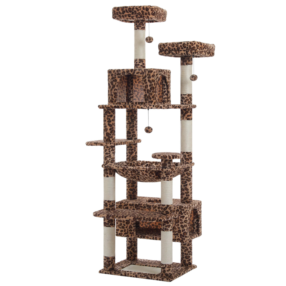 Multi-Level Leopard Cat Tree for Indoor Cats Large Cat Tower with Sisal Scratching Posts Cozy Cat Condo Spacious Hammock Soft Top Perch Cat Toys